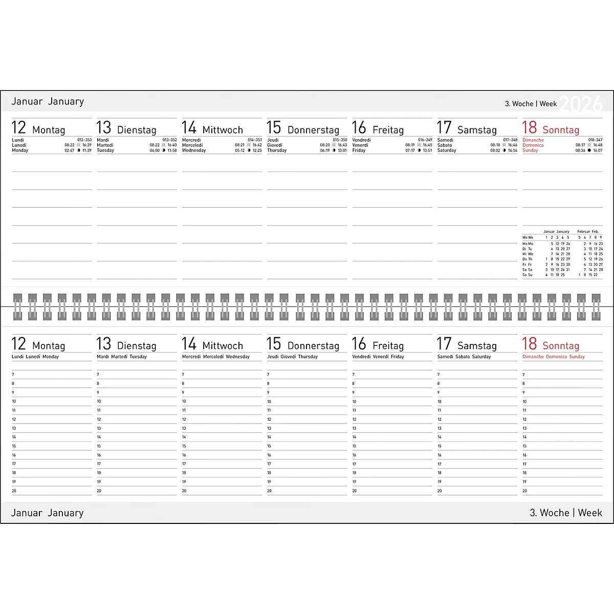 Calendrier de bureau Korsch 2026, format horizontal, 128 pages avec vue d'ensemble de la semaine et calendrier pour D/GB/F/I, dimanche/jours fériés rouges, L 298 x H 105 mm, carton, blanc