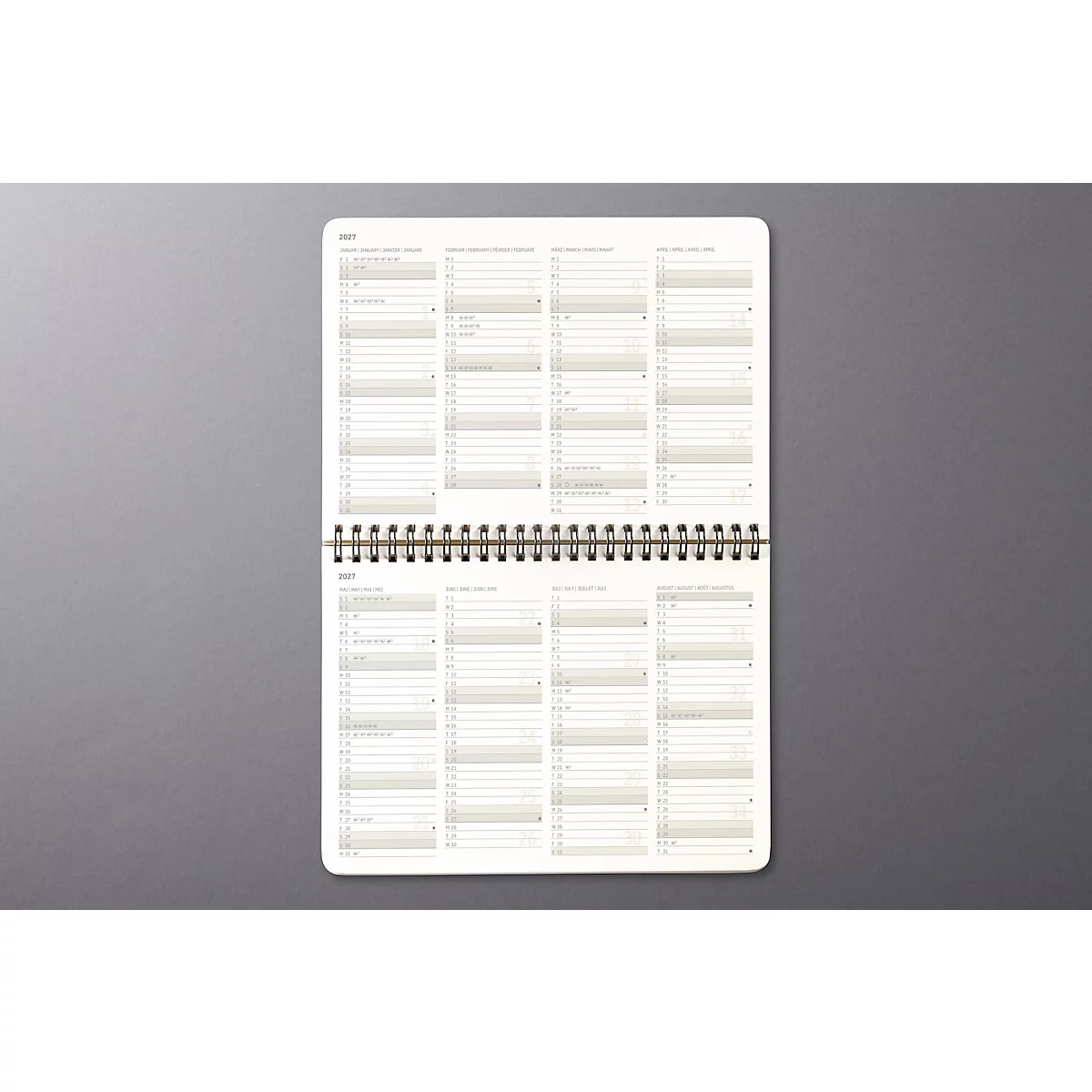 Carnet ouvert avec aperçu annuel. Reliure à spirale, pages blanches avec fines lignes, fond gris.