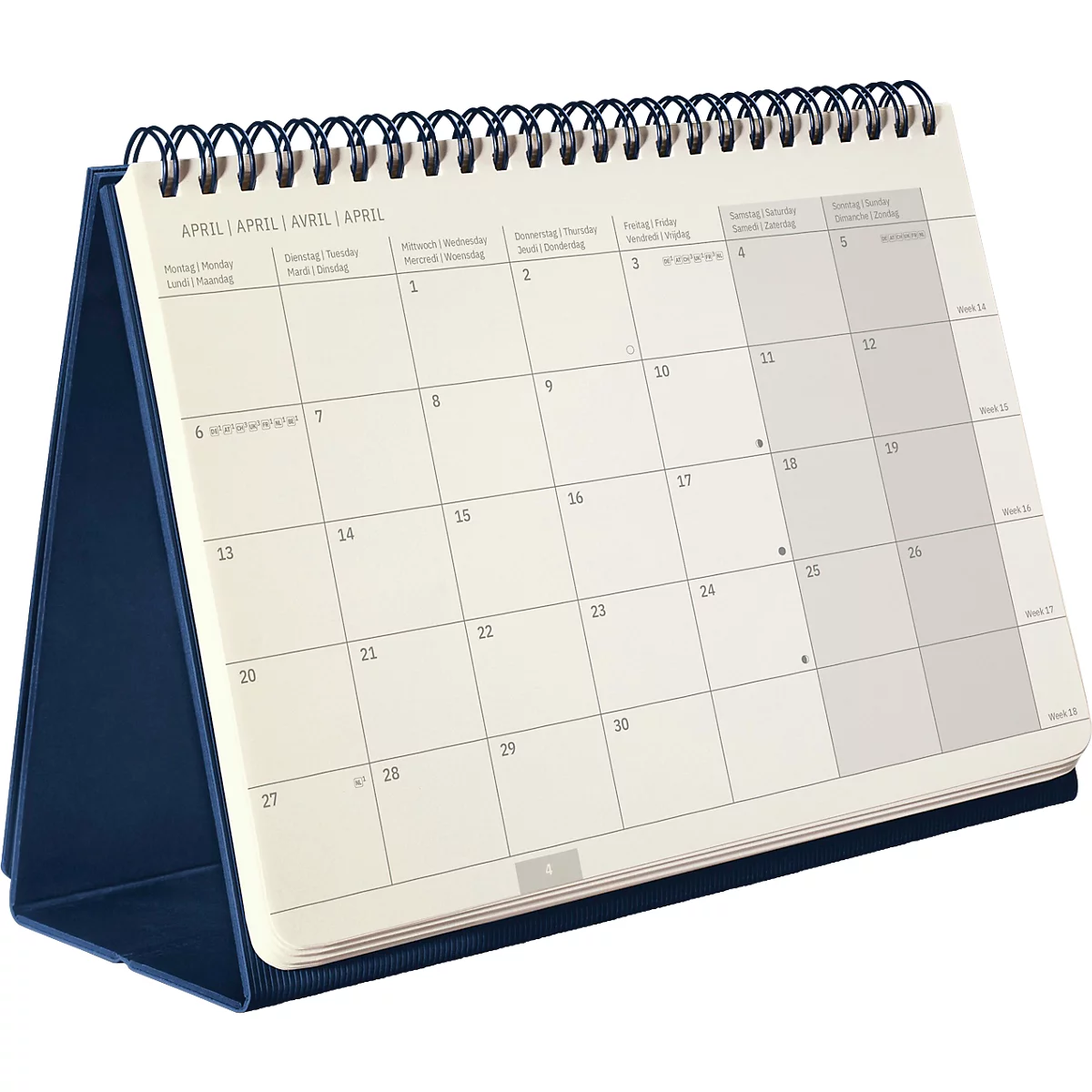 Un calendrier de bureau bleu, ouvert sur avril. La reliure spirale maintient les pages ensemble.