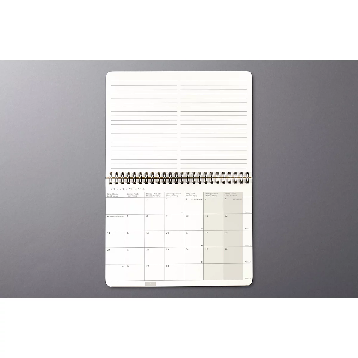 Carnet avec calendrier, spirale, pages lignées et quadrillées.