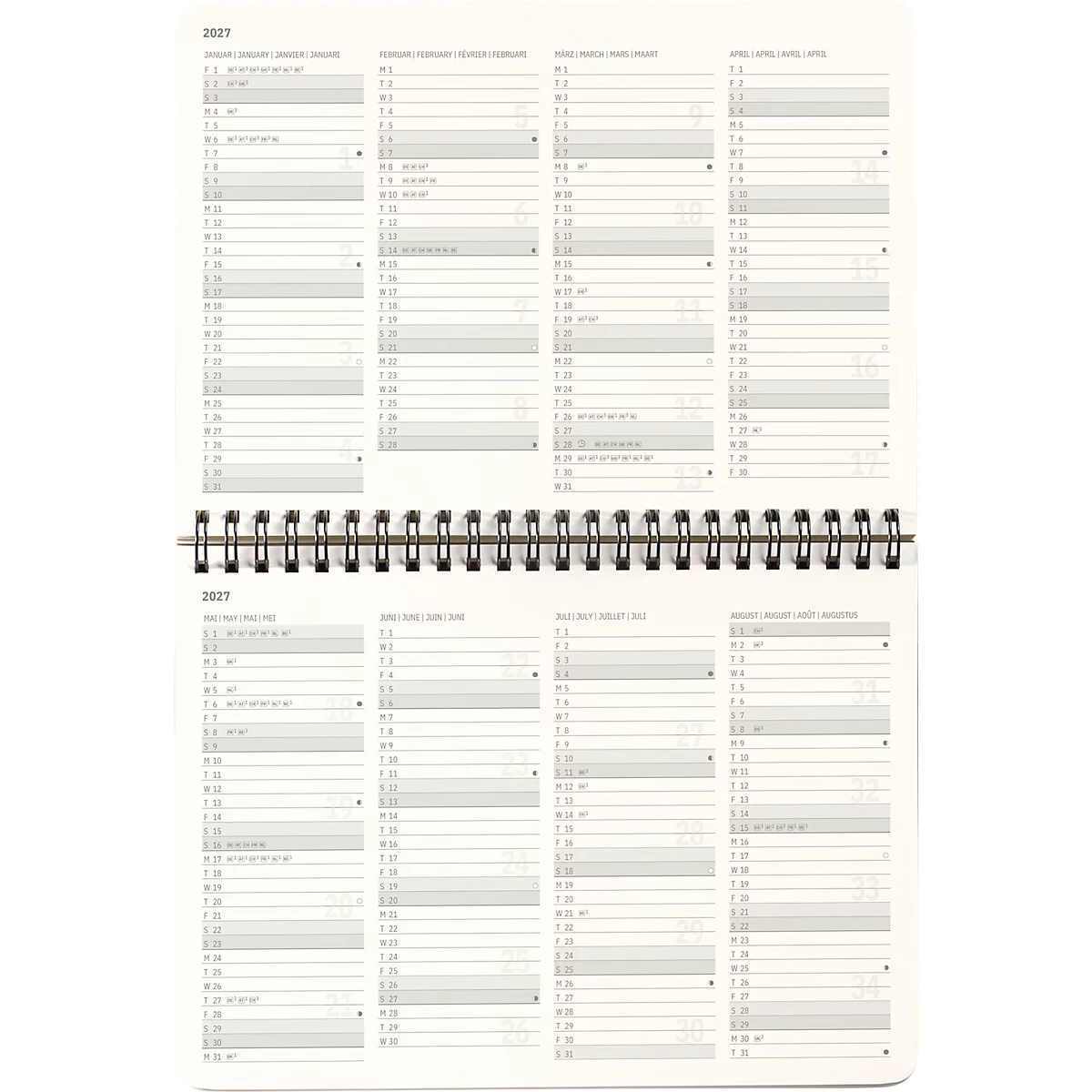 Un calendrier blanc ouvert avec une reliure spirale. Les pages sont imprimées avec des champs gris pour les jours, les semaines et les mois.