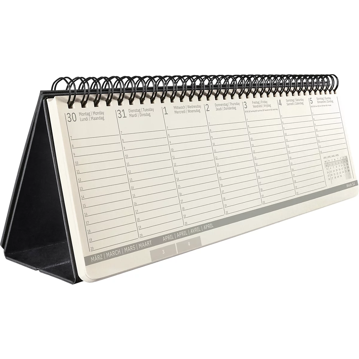 Un calendrier de bureau noir avec reliure spirale affiche les jours de la semaine, les chiffres et des lignes pour écrire.