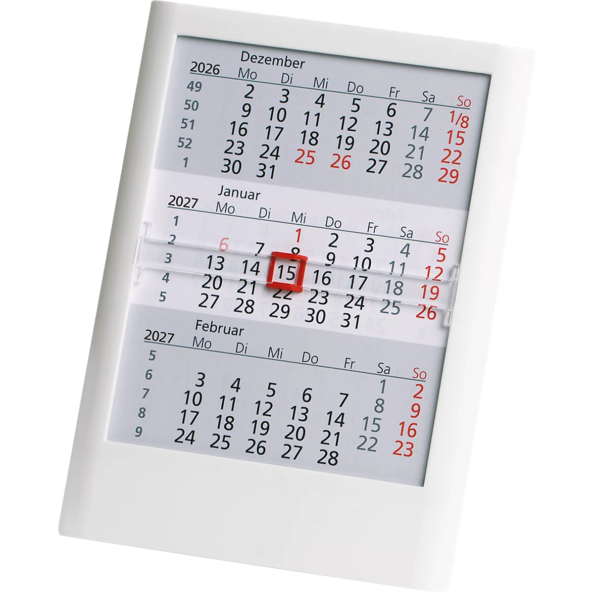 Calendrier de bureau blanc mettant en évidence le 15 janvier 2027 dans un cadre rouge. Montre également les mois de décembre 2026 et février 2027.