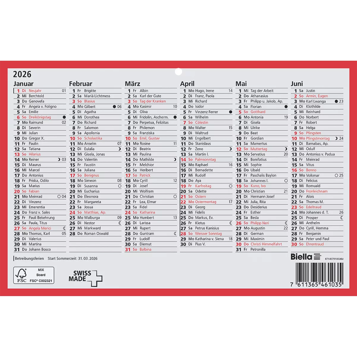 Un calendrier mural pour 2026. La feuille de calendrier montre les mois de janvier à juin avec les jours de nom et les jours fériés.