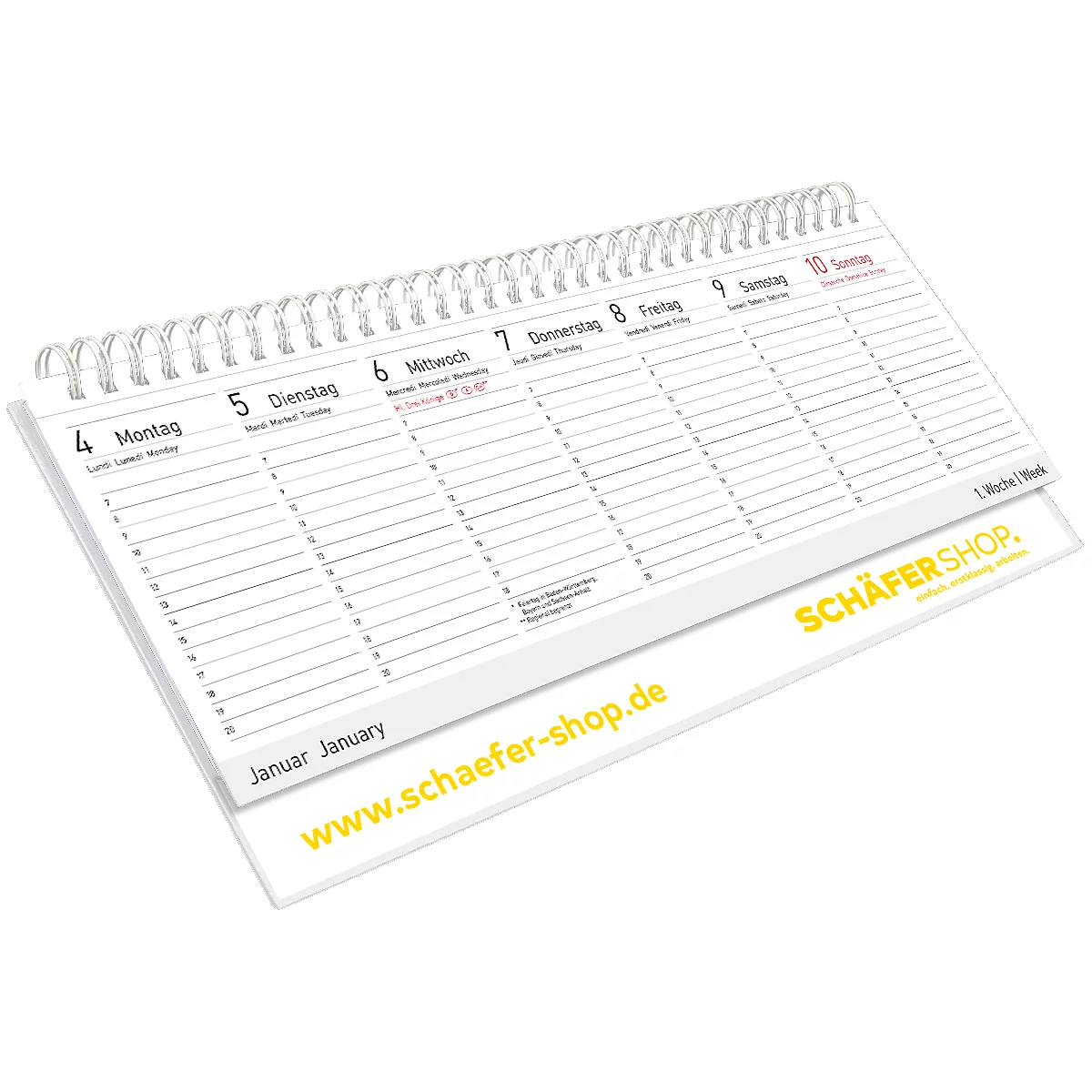 Calendrier hebdomadaire blanc avec reliure spirale. Les jours de la semaine sont indiqués en haut. En bas, l'inscription : www.schaefer-shop.de.