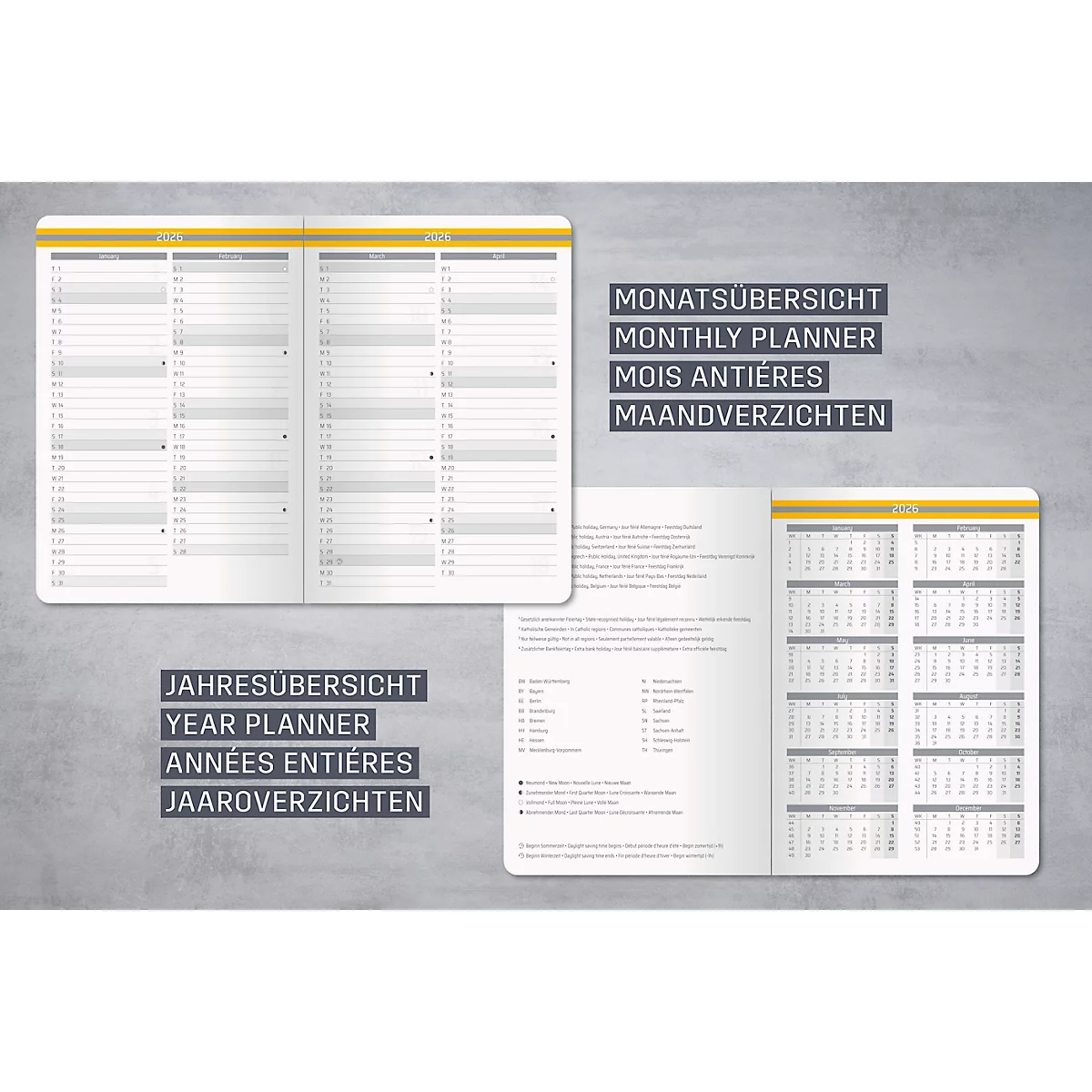 Un carnet ouvert affichant des aperçus mensuels et annuels. Il montre des pages de calendrier dans différentes langues et formats.