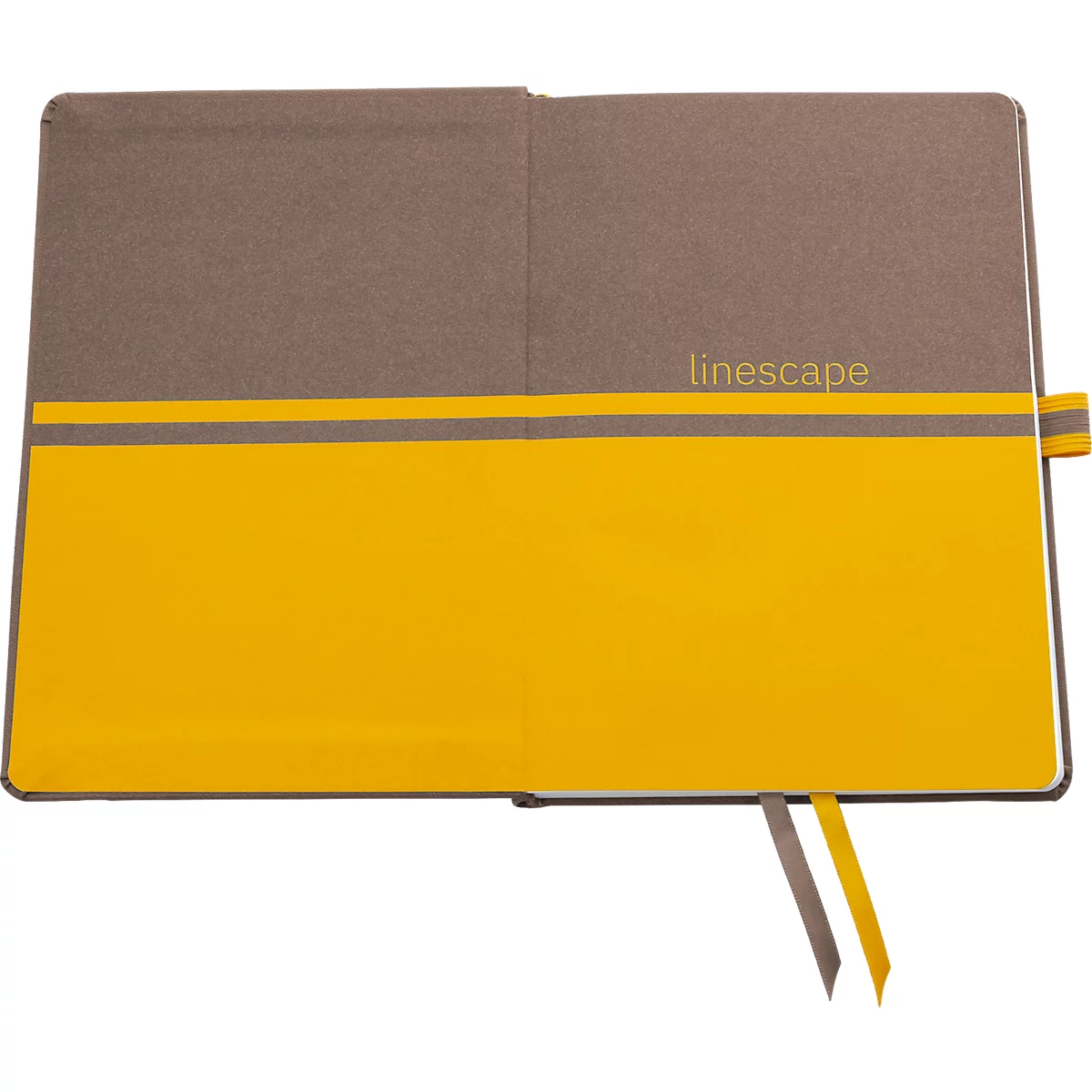 Cahier ouvert, marron-jaune, avec texte 'linescape'. Deux signets gris.