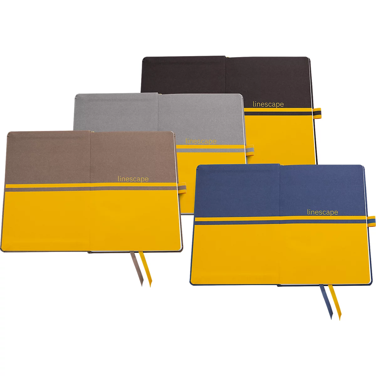 Plusieurs cahiers avec des couvertures bicolores, jaune et de différentes couleurs. L'inscription "linescape" est visible.