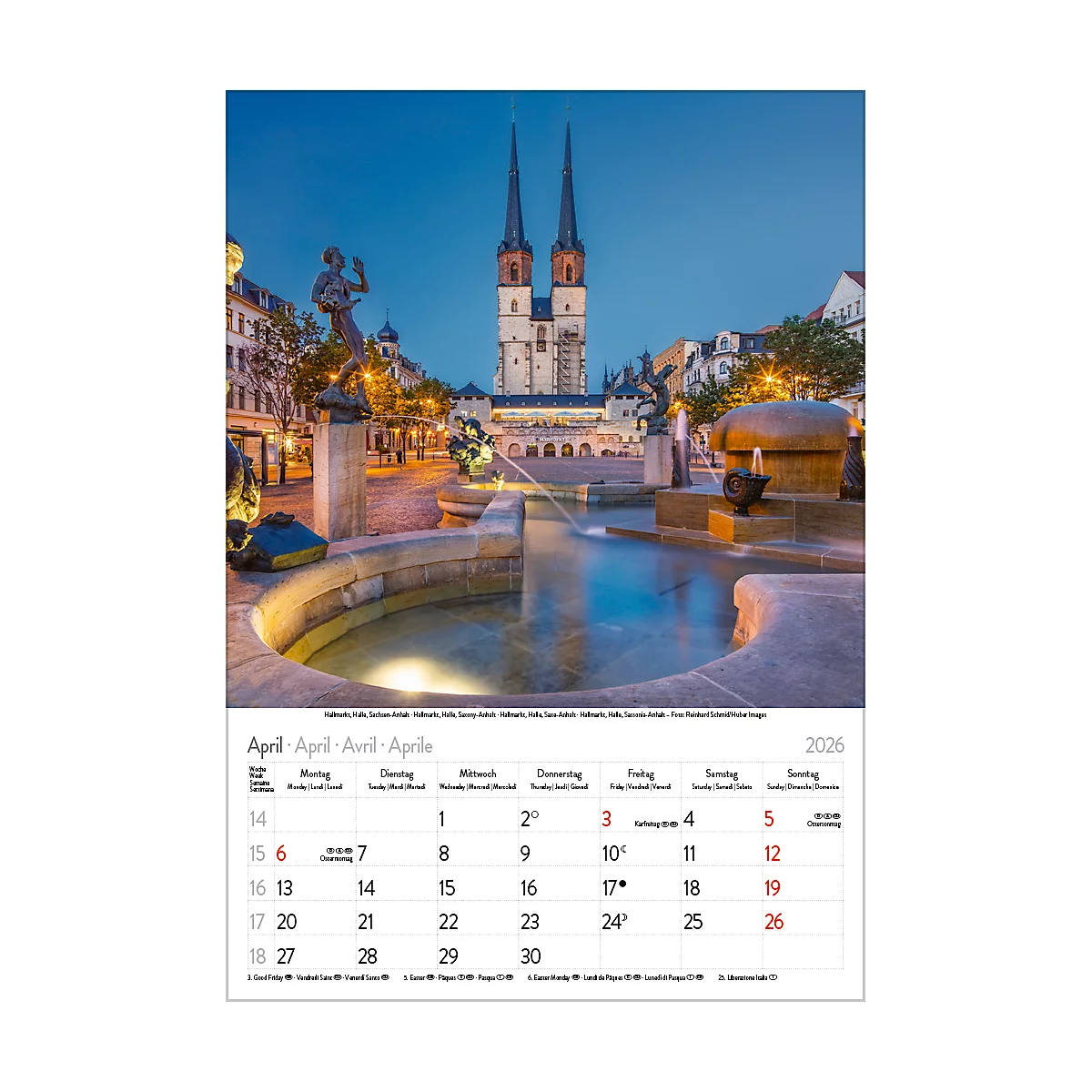 Un calendrier affiche avril 2026, avec une photo de la cathédrale Saint-Martin de Mayence et une fontaine.