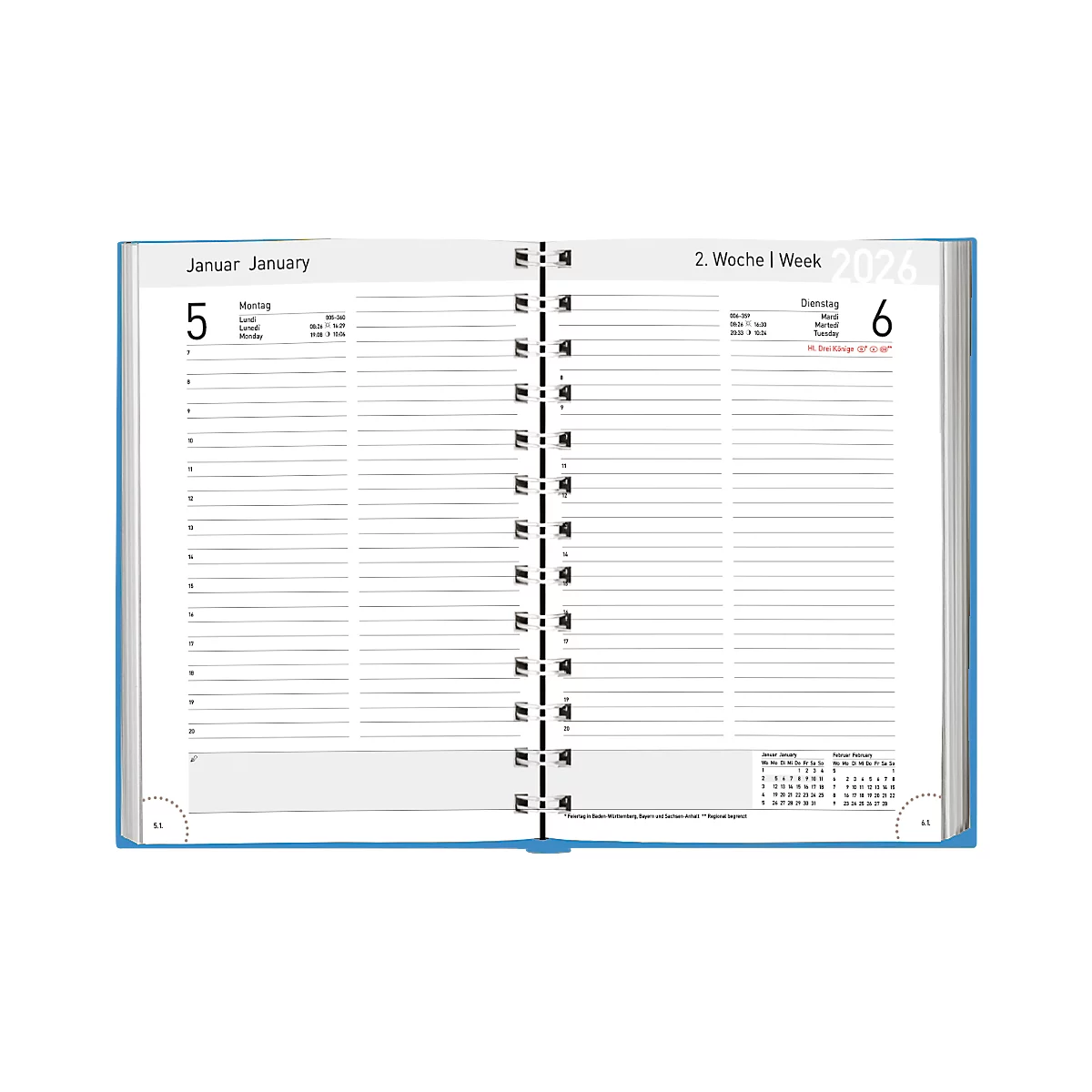 Calendrier livre Korsch 2026, A5, 320 pages, calendrier pour D/GB/F/I, samedi/dimanche sur 1 page, reliure à spirale, L 145 x H 205 mm, papier, bleu