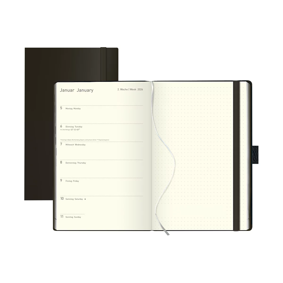 Calendrier livre Korsch Times Big 18 2026, 208 pages, calendrier 18 mois pour D/GB, porte-stylo, poche intérieure, L 130 x H 210 mm, papier, noir Balaton