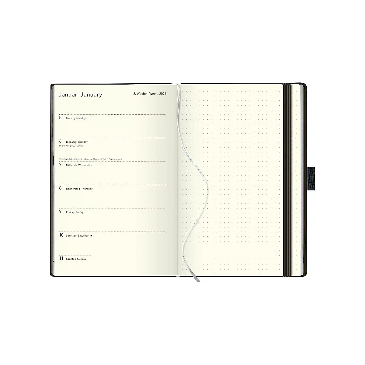 Calendrier livre Korsch Times Big 18 2026, 208 pages, calendrier 18 mois pour D/GB, porte-stylo, poche intérieure, L 130 x H 210 mm, papier, noir Balaton