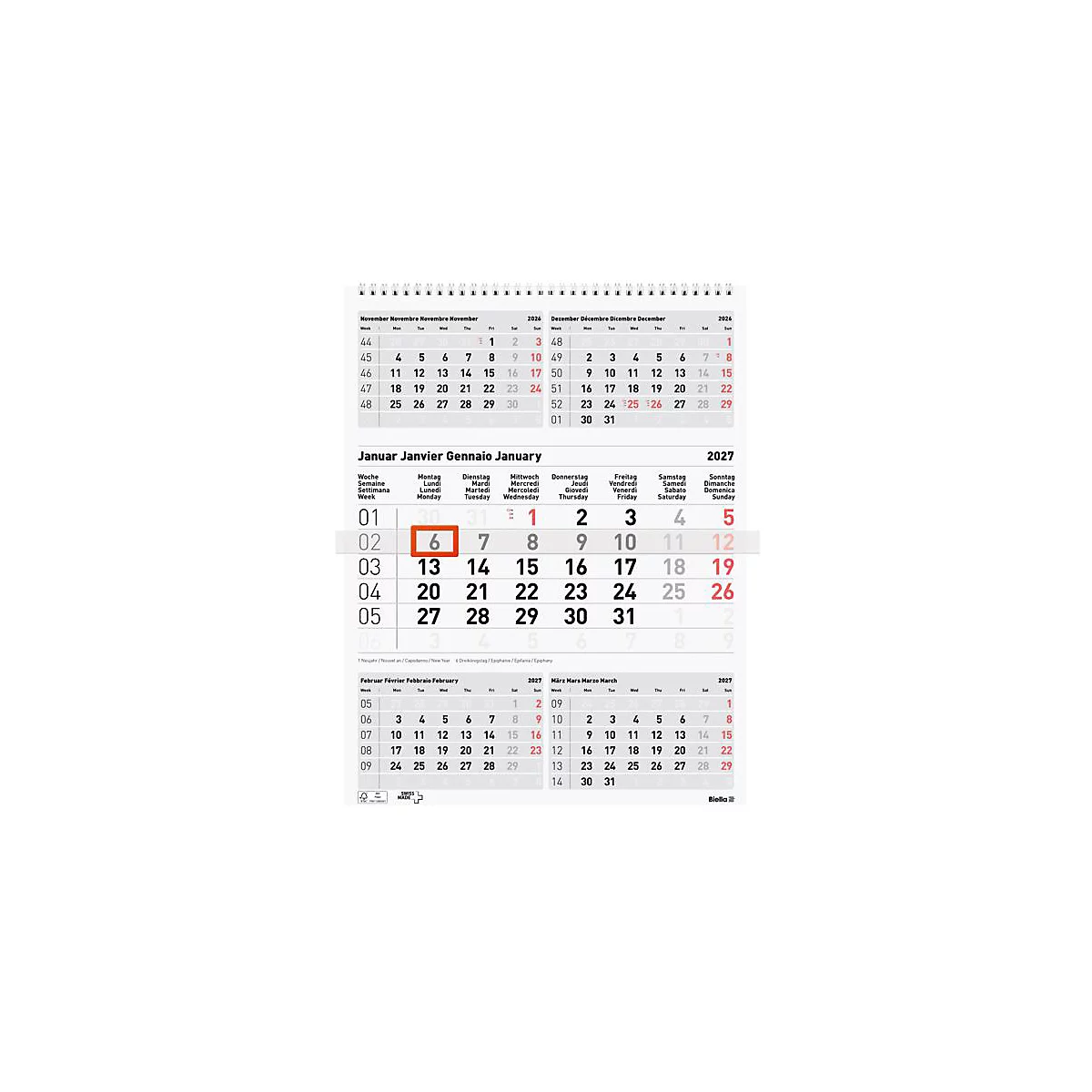 Vue détaillée d'un calendrier mural 2027 montrant janvier avec la date du 6 en surbrillance.
