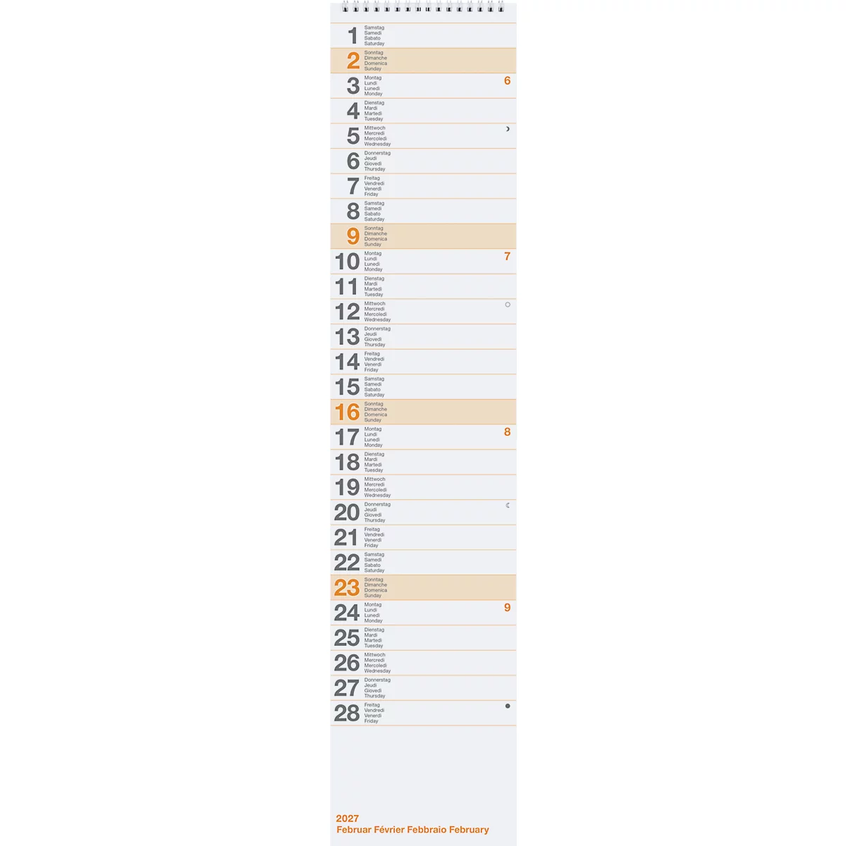 Calendrier mensuel de février avec les dates en caractères noirs sur fond clair. Certains jours sont mis en évidence en couleur.