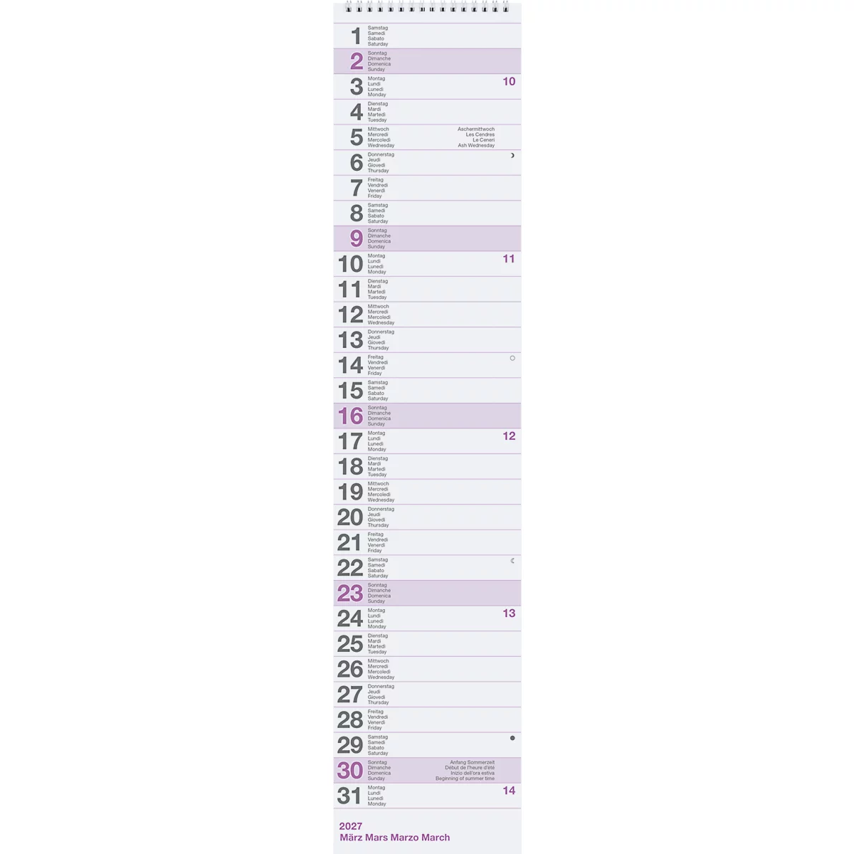 Un calendrier vertical avec des champs de jours mis en évidence en violet, de 1 à 31. Le nom du mois n'est pas reconnaissable.