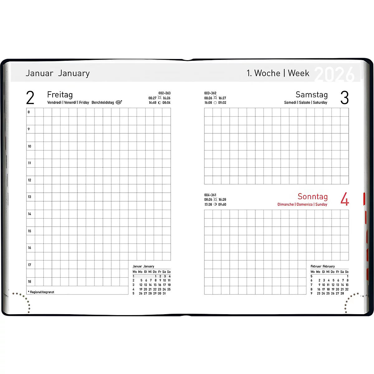 Calendrier pour artisans Korsch 2026, A6, 336 pages, quadrillé, calendrier pour D/GB/F/I, dimanche/jours fériés rouges, L 105 x H 148 mm, PVC noir
