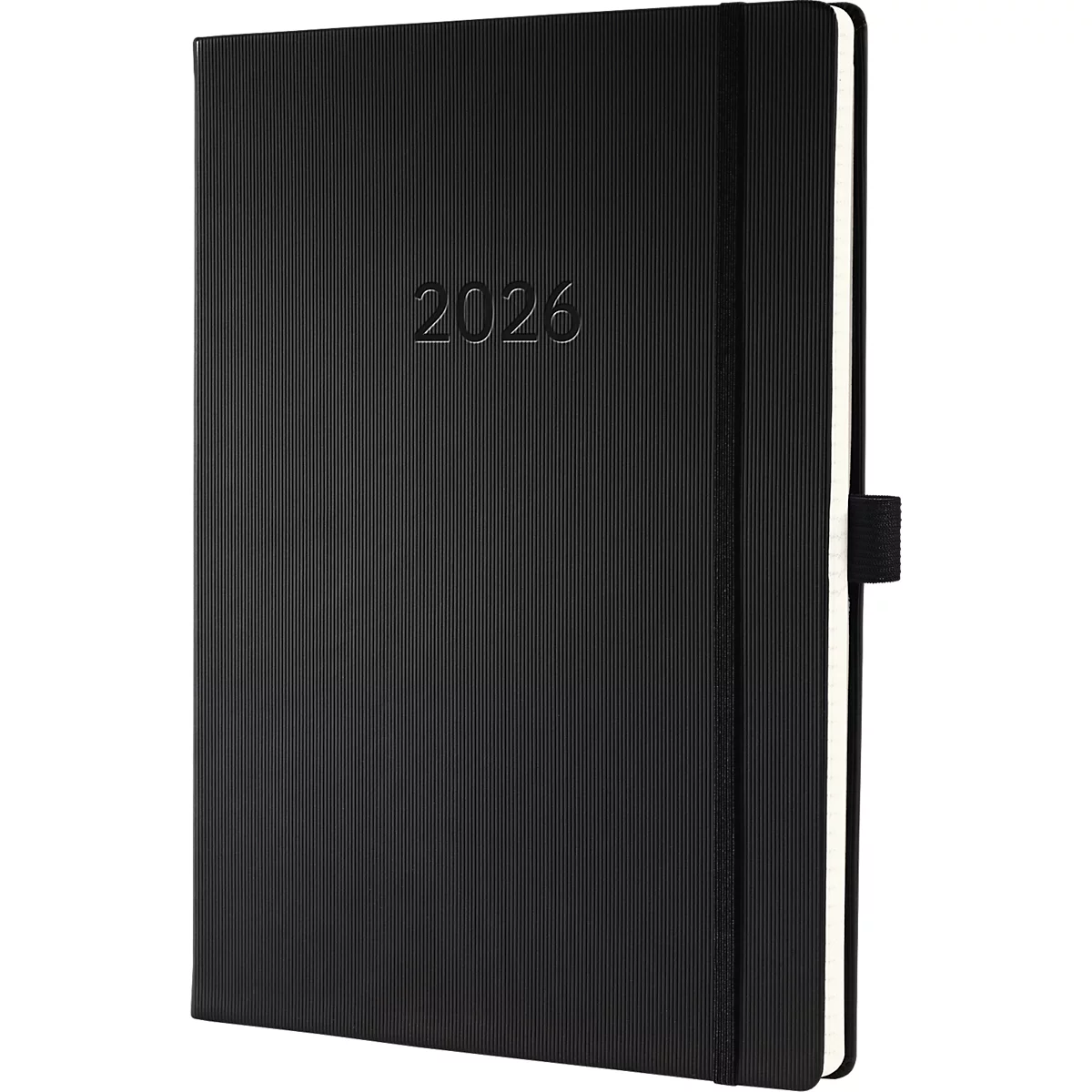Carnet noir avec rainures verticales et l'estampage '2026'. Une bordure de page blanche et un signet noir sont visibles.