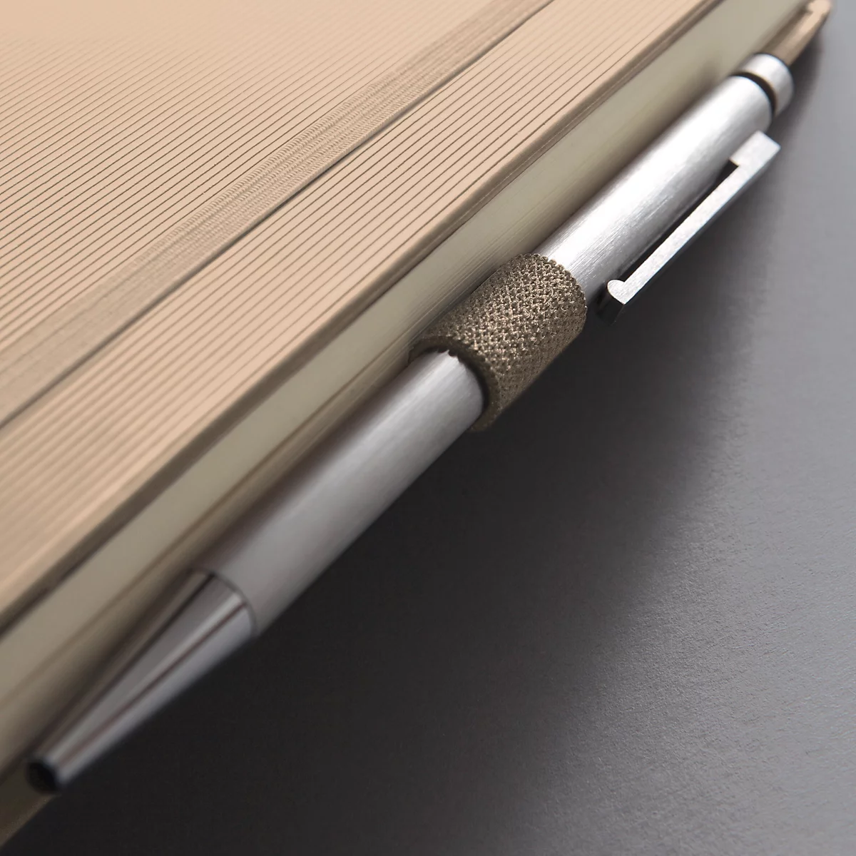 Gros plan d'un stylo argenté posé dans un carnet beige.