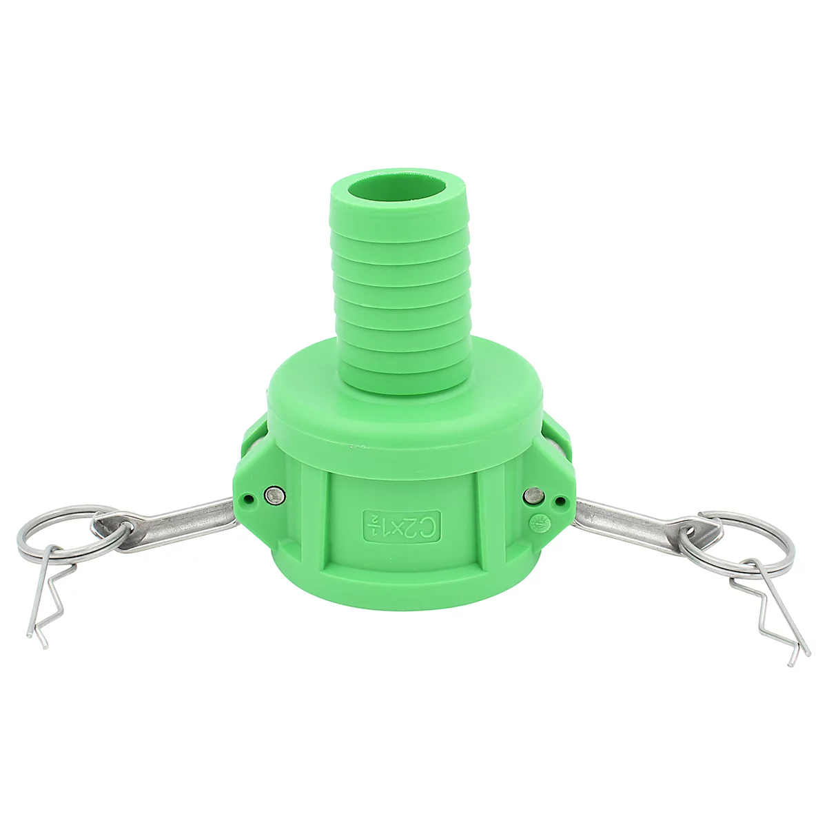 Green hose connector with ring closure. The top part is ribbed, the bottom part is round.