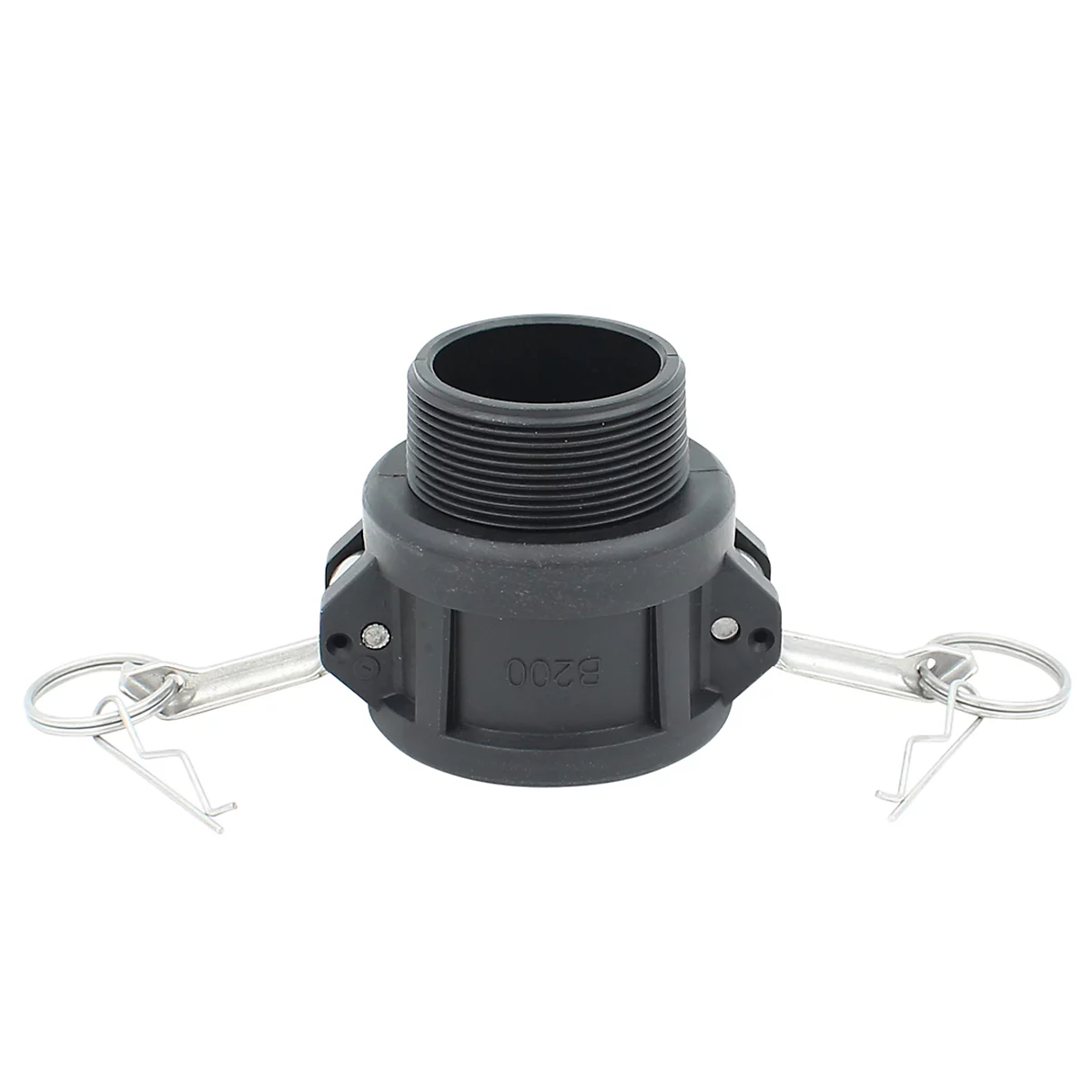 Black threaded coupling adapter with metal clips and safety catch. Inscription: B200.