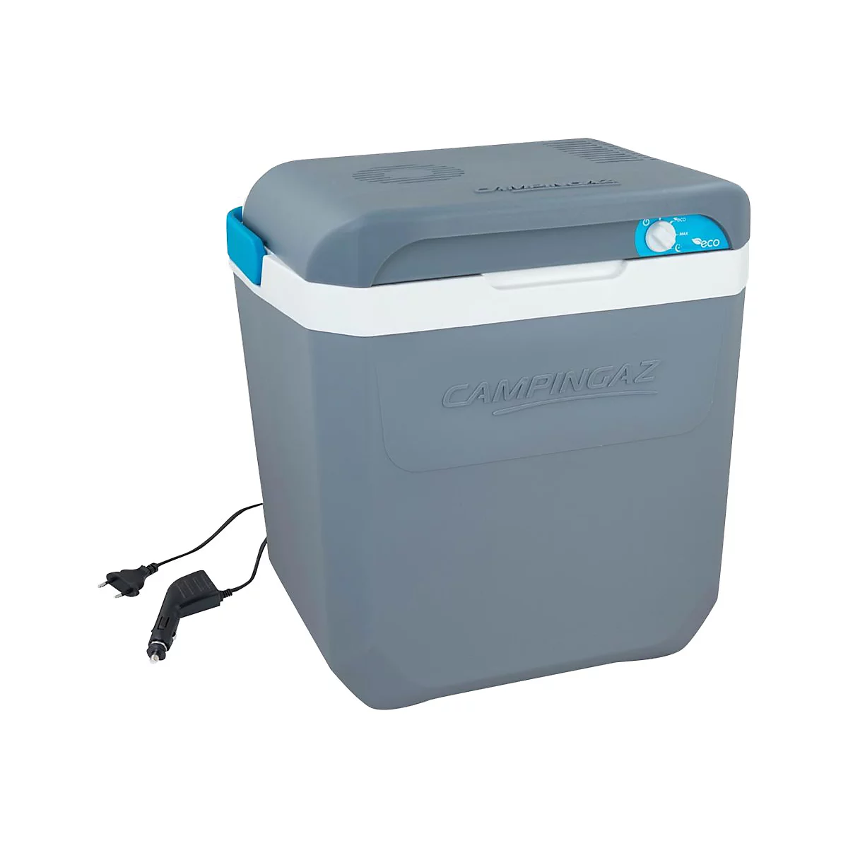 Graue Campingaz Elektro-Kühlbox mit weißem Rand, blauem Griff und Kabeln vor weißem Hintergrund.