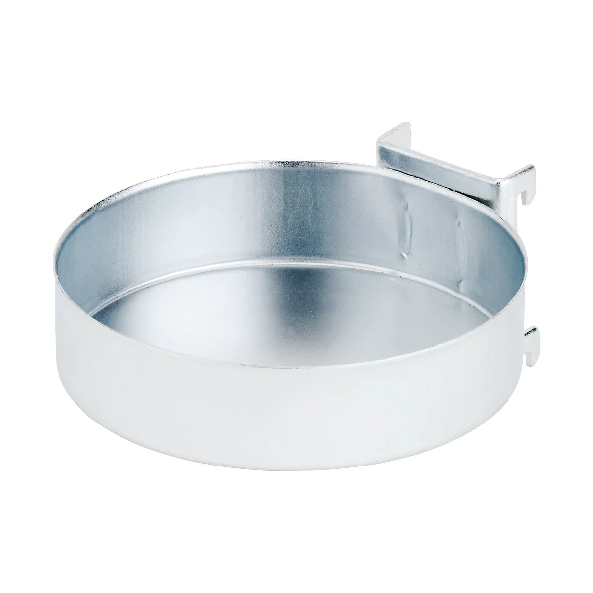 Round, silver-colored bowl with mounting device for installation.