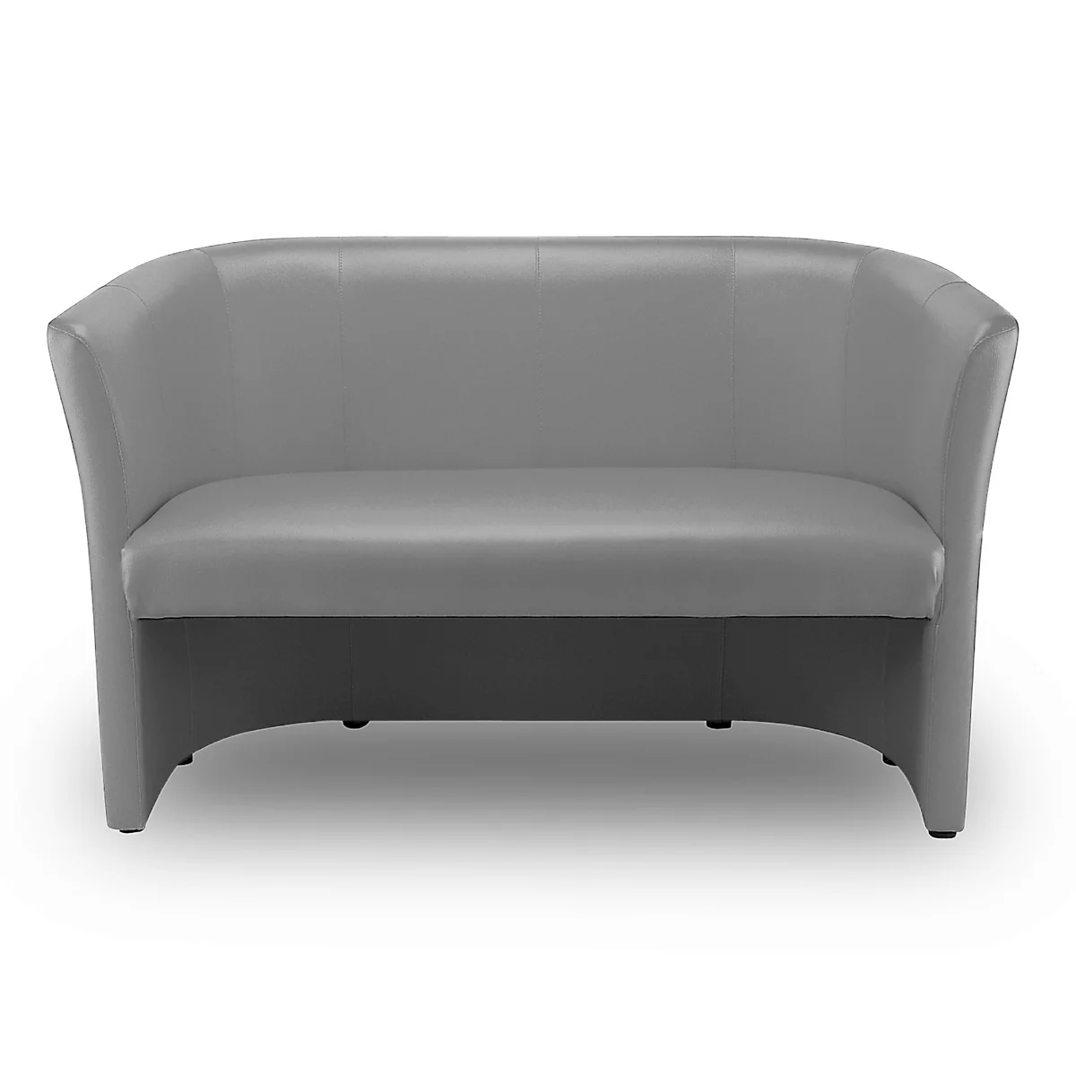 Canapé en cuir gris avec accoudoirs incurvés. Il se dresse sur fond blanc.