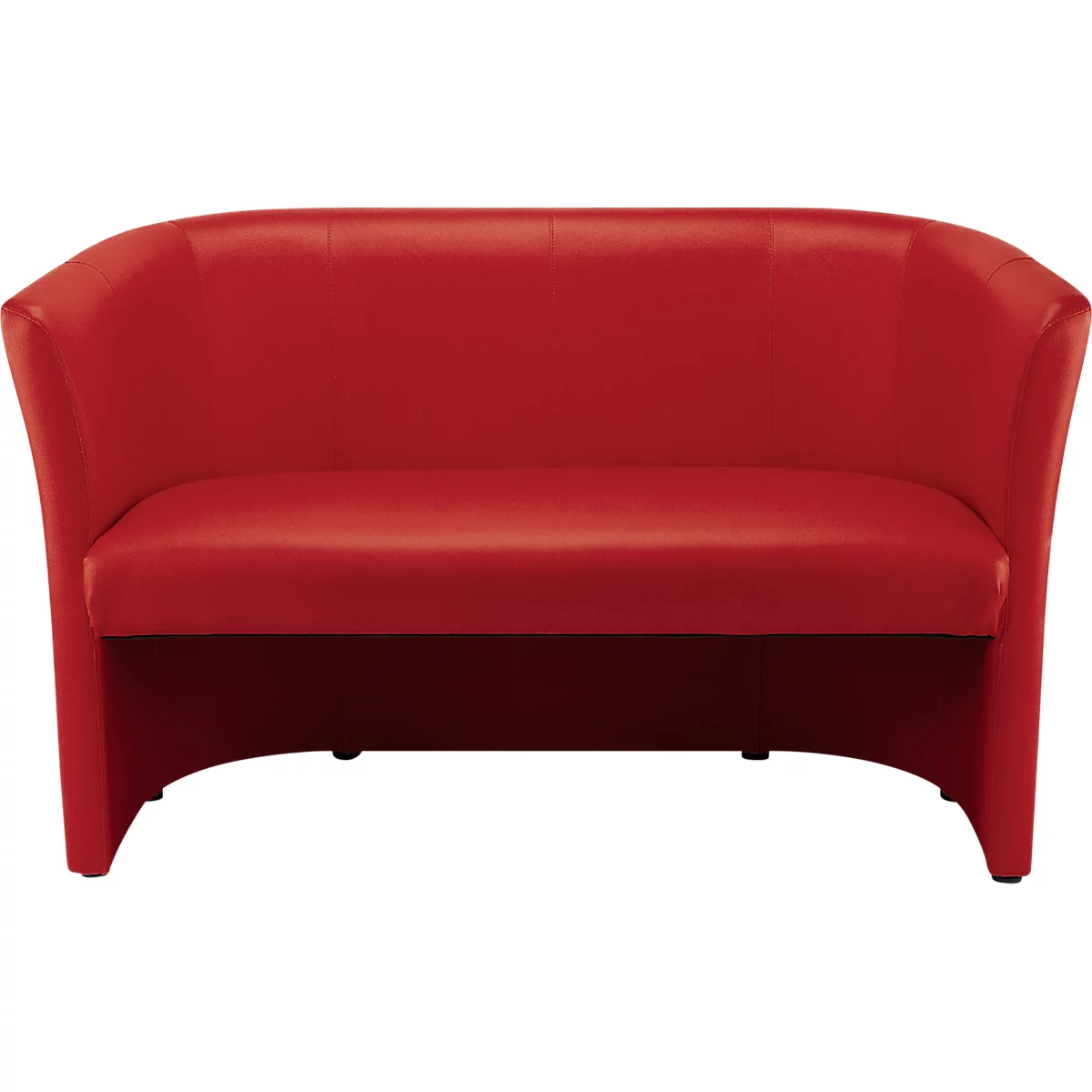 Canapé rouge avec dossier arrondi. Matière lisse. Design simple.