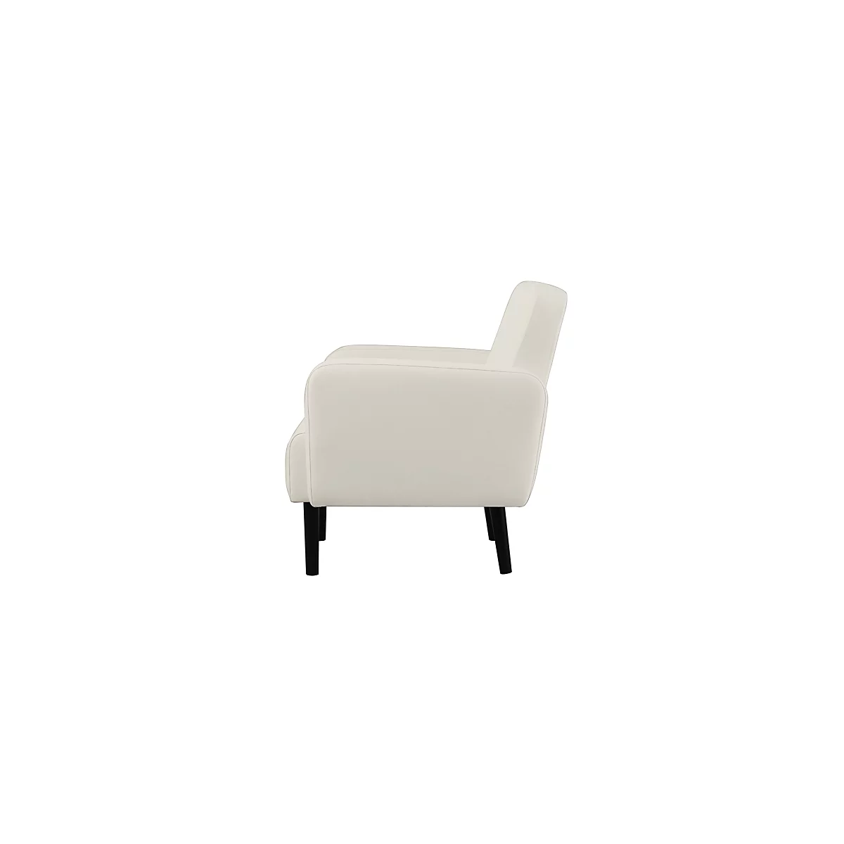 Fauteuil crème en profil. Pieds noirs, forme arrondie. Style moderne.