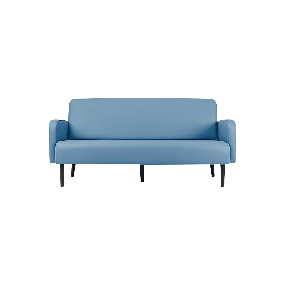 Canapé bleu clair, pieds noirs, sur fond blanc.