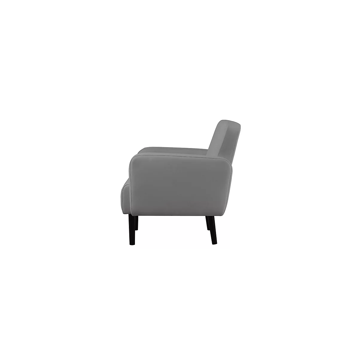 Fauteuil gris de profil avec pieds noirs.