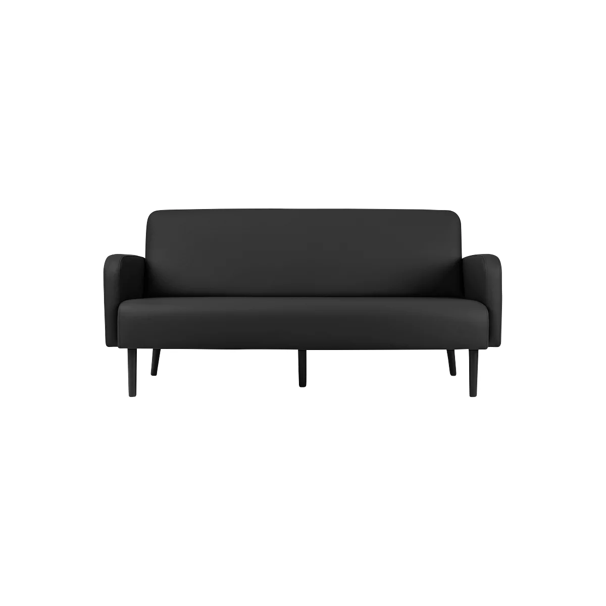 Canapé noir avec pieds en bois. Dossier et accoudoirs rembourrés. Design minimaliste.