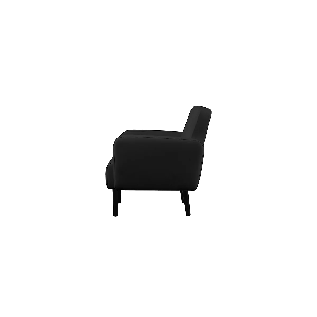 Vue latérale d'un fauteuil noir. Le fauteuil a quatre pieds en bois noir, une assise et un dossier rembourrés.