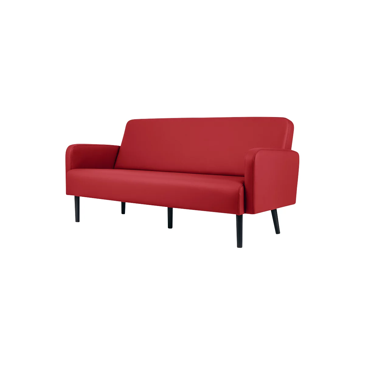 Canapé rouge avec pieds noirs sur fond blanc.