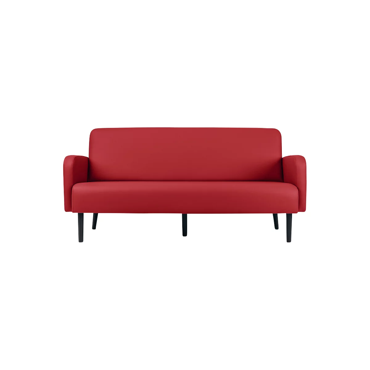 Canapé rouge avec pieds noirs. Design simple.