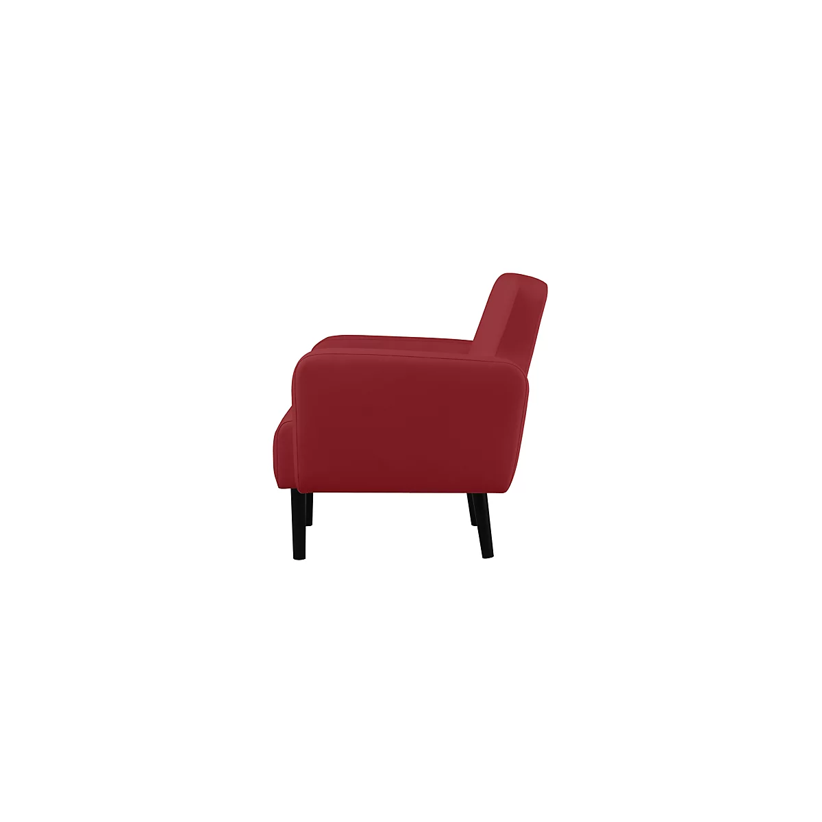 Un fauteuil rouge de côté, pieds noirs, sur fond blanc.