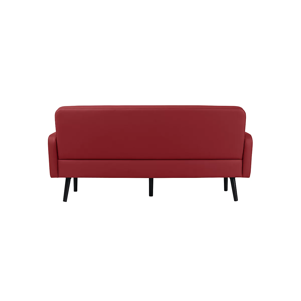 Canapé rouge avec pieds noirs, vue arrière.