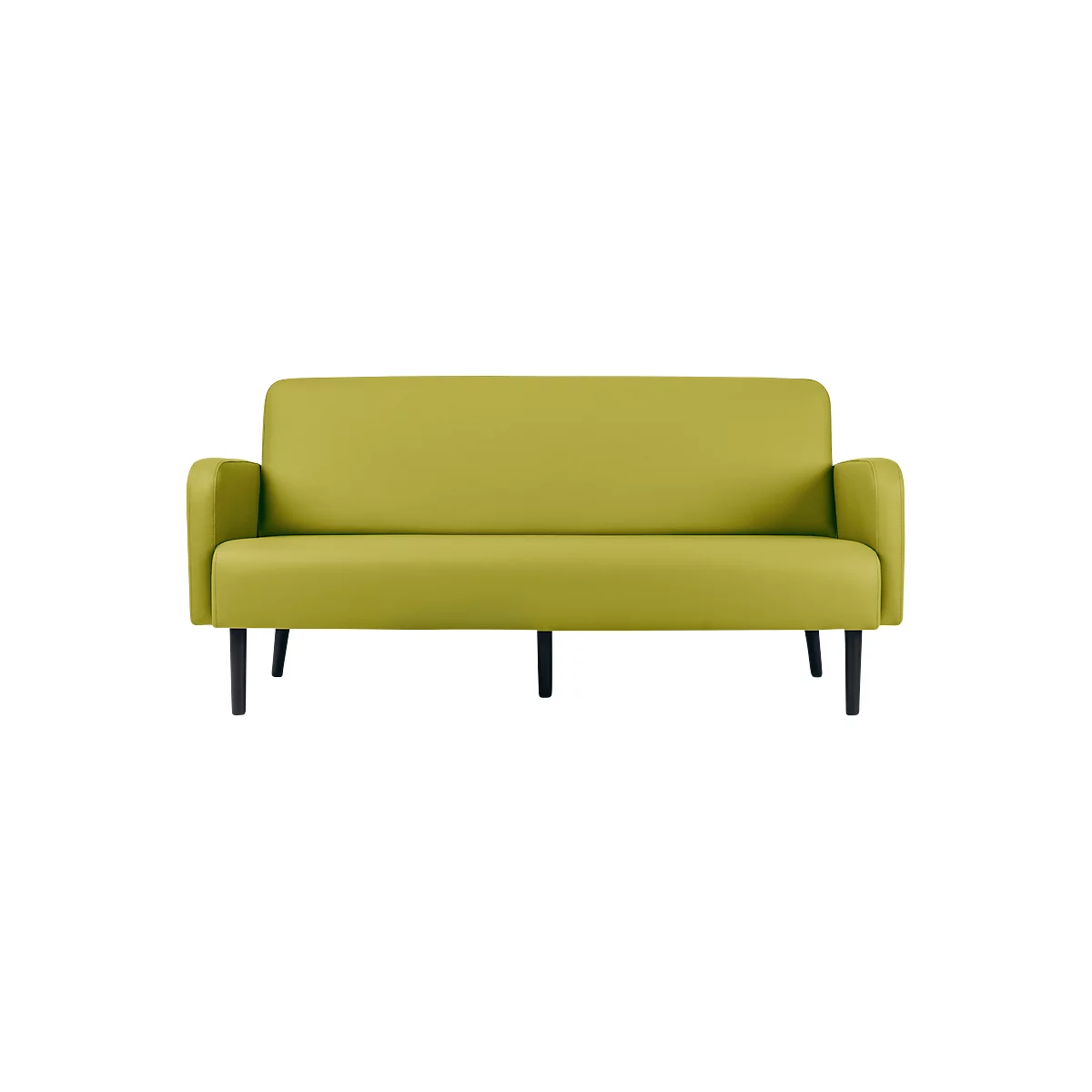 Canapé vert clair avec cadre noir, devant un fond blanc. Forme arrondie. Style moderne.