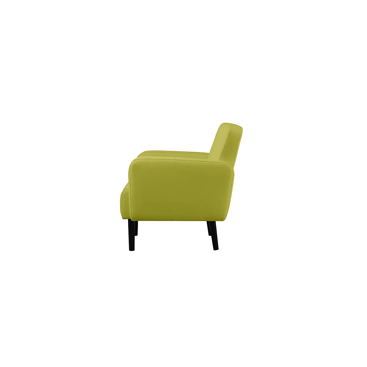 Un fauteuil vert avec des pieds noirs. Il est de profil, montrant le dossier, l'accoudoir et l'assise. Le fond est blanc.