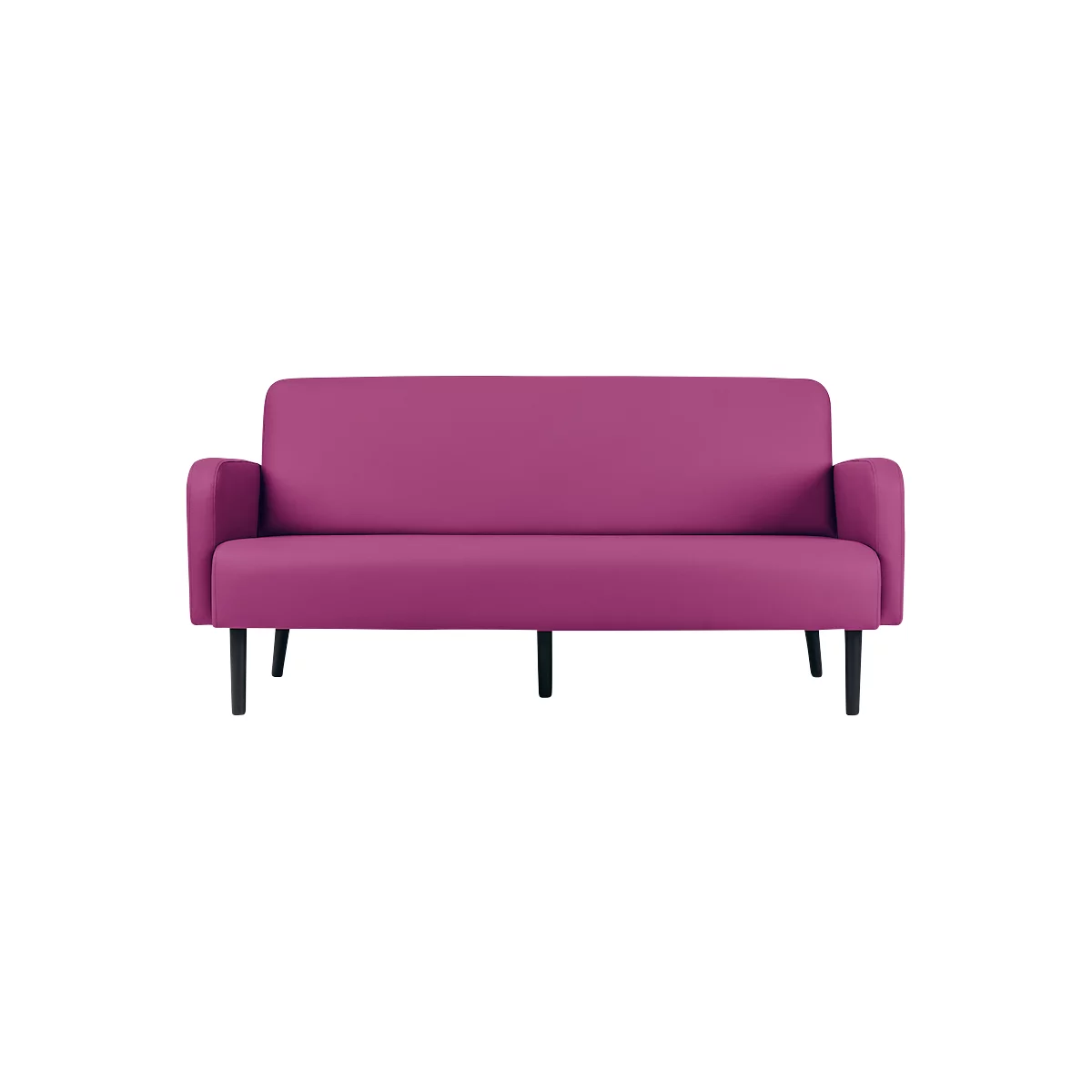Un canapé magenta, avec des pieds noirs, est placé devant un fond blanc.