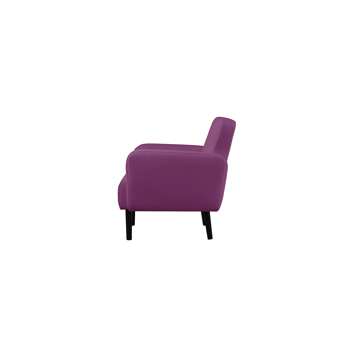 Un fauteuil violet, vu de côté, avec des pieds noirs.