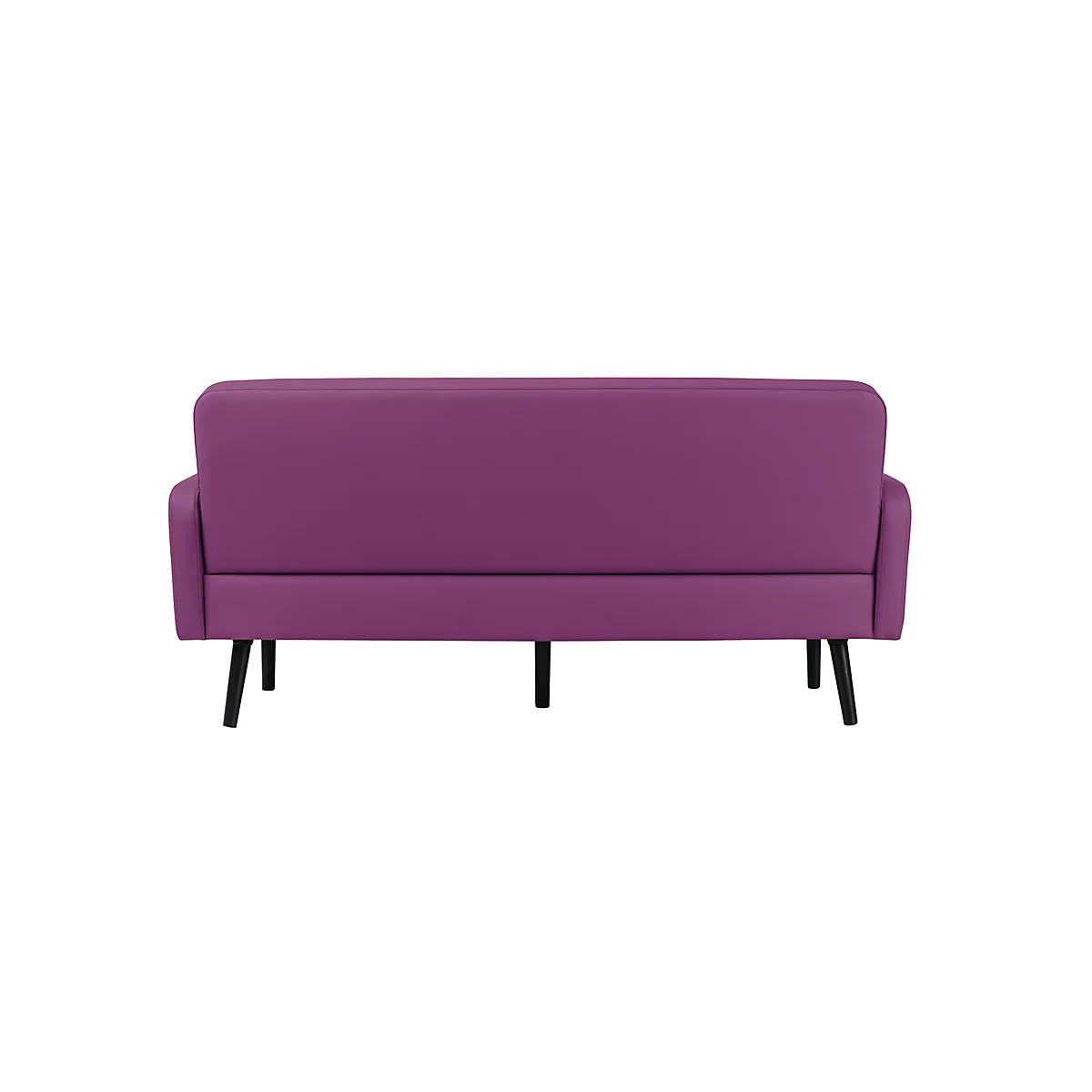 Vue arrière d'un canapé violet avec des pieds noirs.