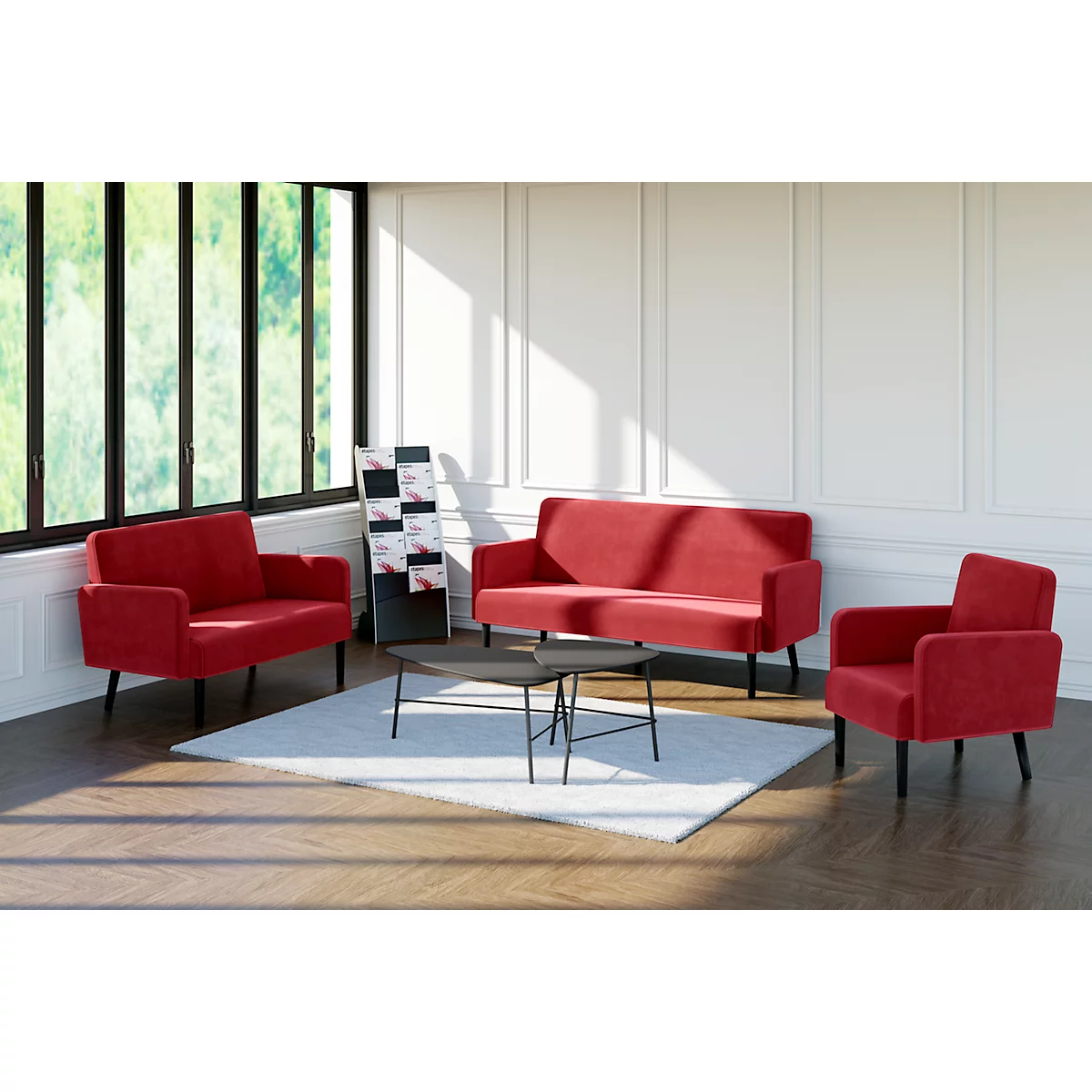 Canapé trois places meet® by Paperflow LISBOA, revêtement velours rouge, piétement noir, L 1760 x P 815 x H 830 mm