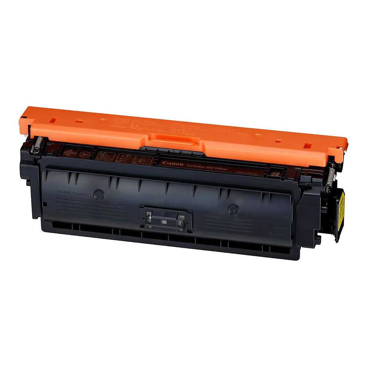 Schwarze Tintenpatrone mit orangefarbenem Deckel. Schriftzug 'Canon' und Produktbezeichnung.