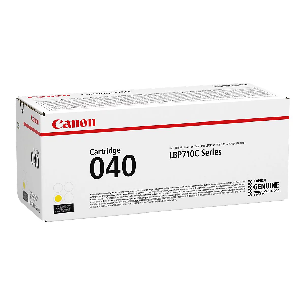 WeiÃŸe Canon-Druckerpatrone 040-Serie, mit roter Schrift und Logos.