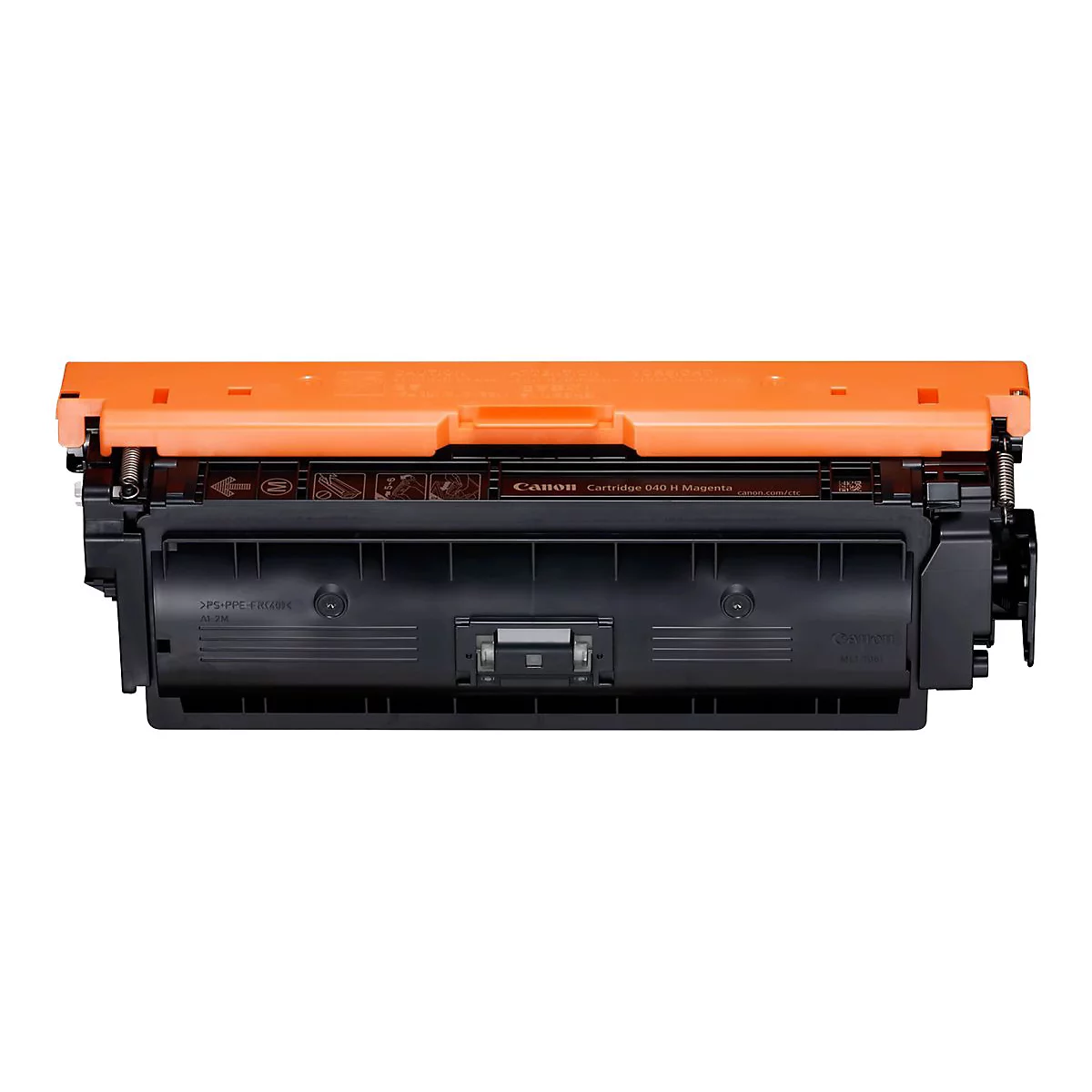Eine schwarze Canon-Tonerkartusche mit orangefarbenem Deckel. Aufschrift Canon und Produktinformationen.