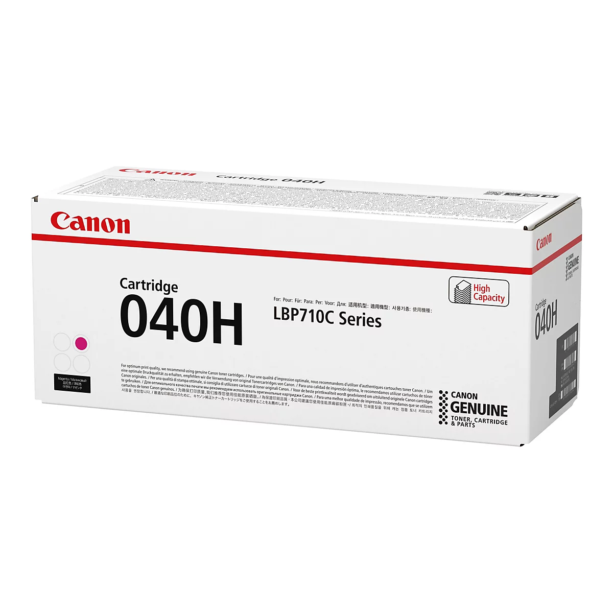 Eine Canon Tonerkartusche 040H in weiÃŸer Verpackung. Aufgedruckt sind der Name des Herstellers, die Bezeichnung und technische Informationen.