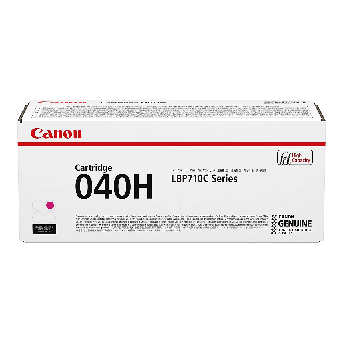 WeiÃŸe Canon-Kartuschenbox. Schriftzug Cartridge 040H mit Canon Logo und LBP710C Series.