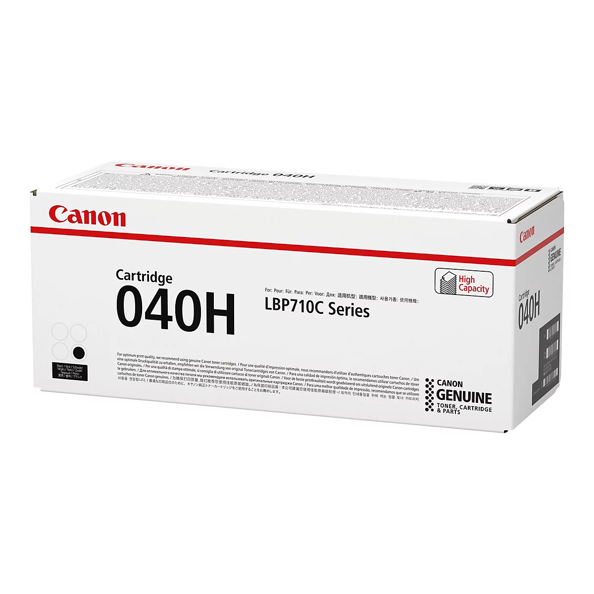 Canon-Druckerpatrone 040H. WeiÃŸe Schachtel mit roter Schrift. Aufdrucke: Canon, Cartridge, 040H und LBP710C Series.