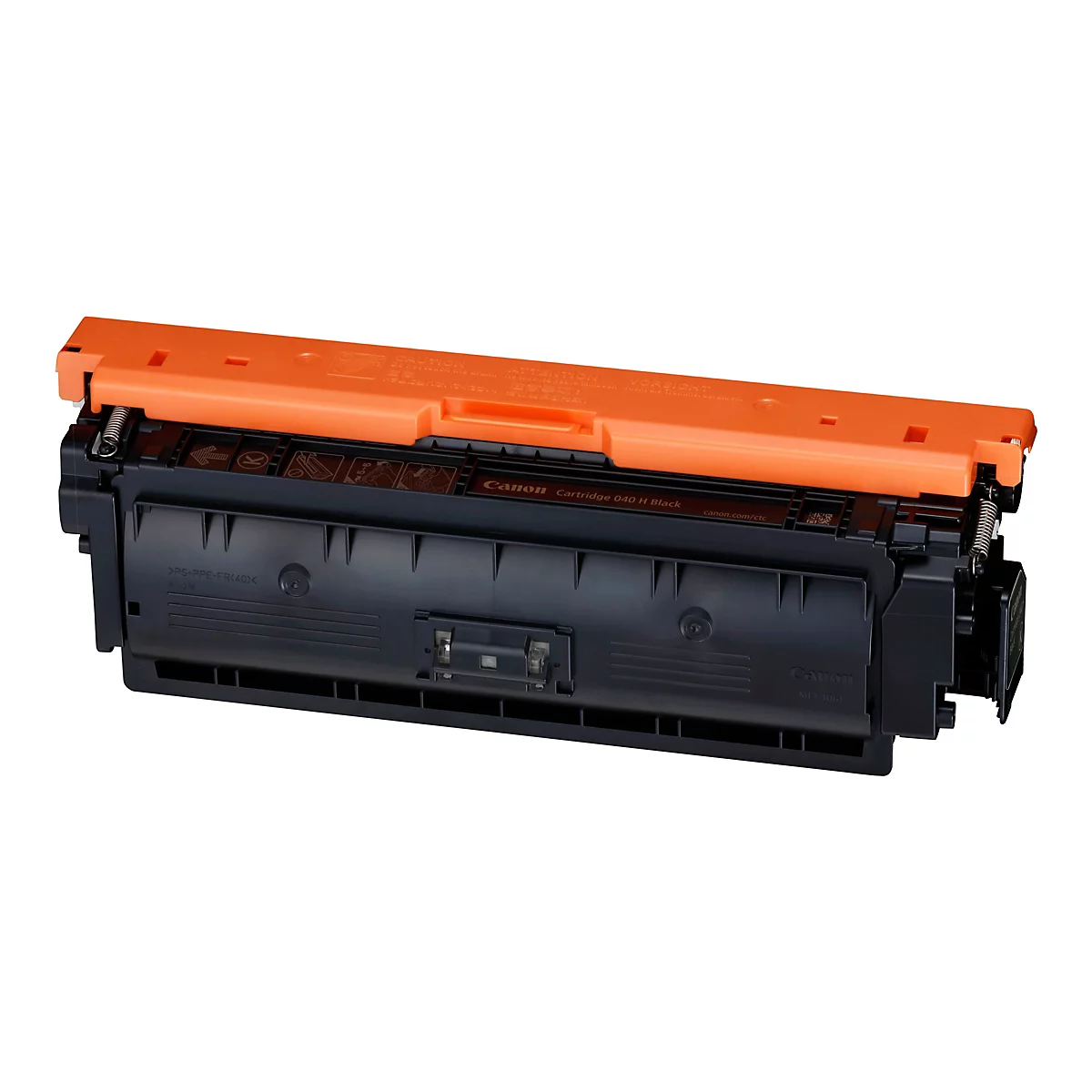 Eine schwarze und orangefarbene Tonerkartusche. Oben steht Canon.
